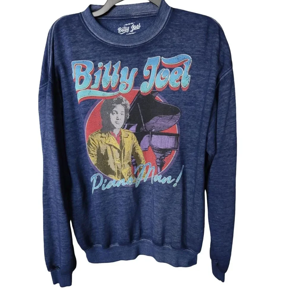Billy Joel "Piano Man" Graphic Sweatshirt - Blue Retro Pullover Crewneck - Picture 2 of 8